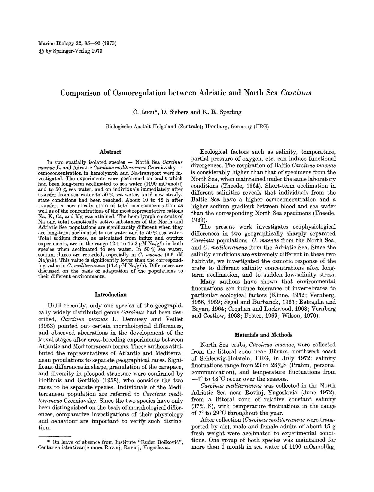 Comparison of osmoregulation between Adriatic and North Sea <Emphasis Type="Italic">Carcinus<Emphasis> by Unknown