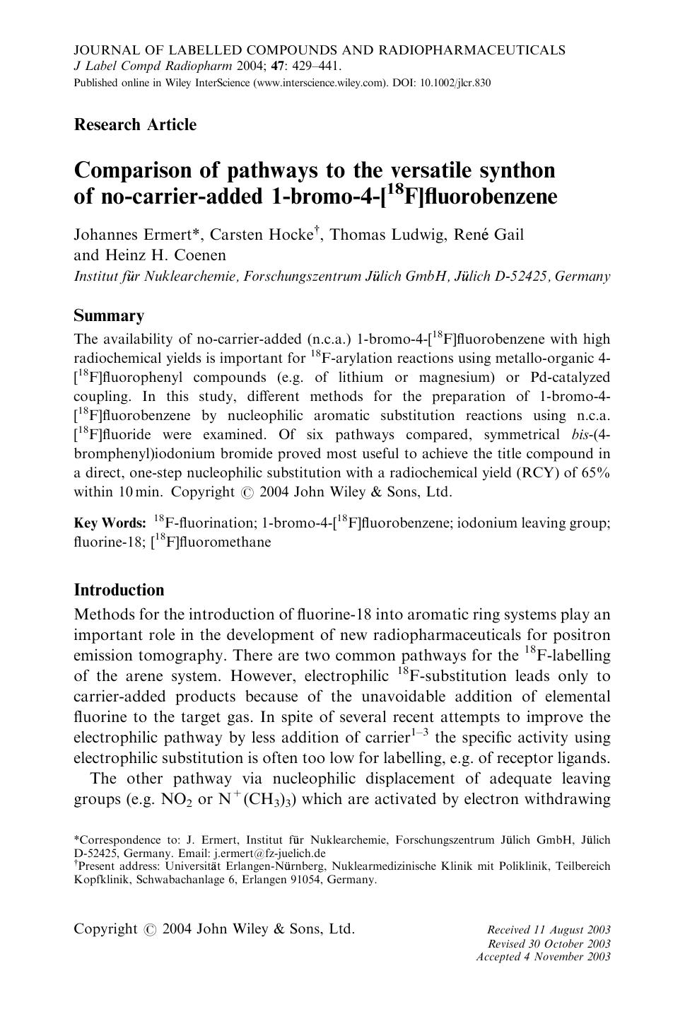 Comparison of pathways to the versatile synthon of no-carrier-added 1-bromo-4-[18F]fluorobenzene by Unknown