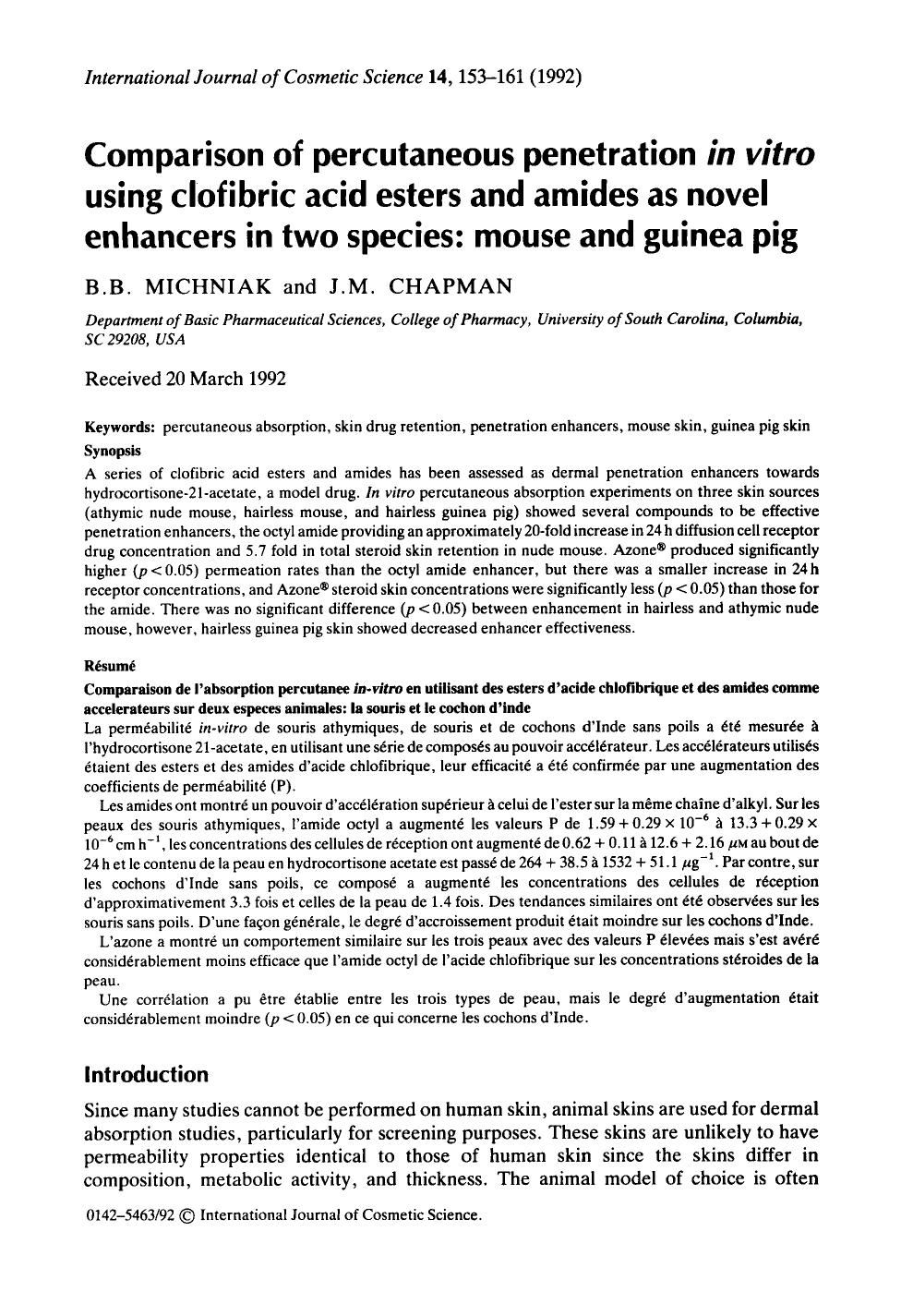 Comparison of percutaneous penetration in vitro using clofibric acid esters and amides as novel enhancers in two species: mouse and guinea pig by Unknown