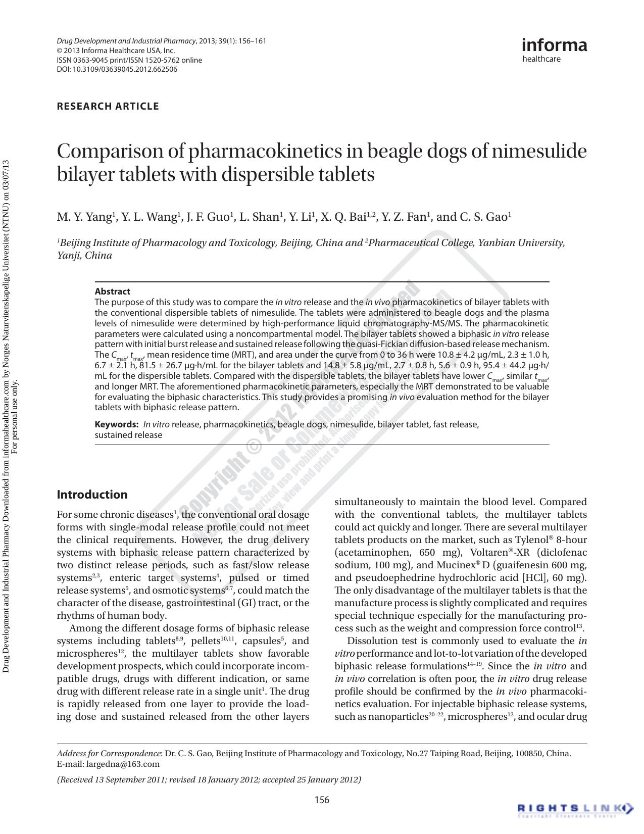 Comparison of pharmacokinetics in beagle dogs of nimesulide bilayer tablets with dispersible tablets by M. Y. Yang Y. L. Wang J. F. Guo L. Shan Y. Li X. Q. Bai Y. Z. Fan & C. S. Gao