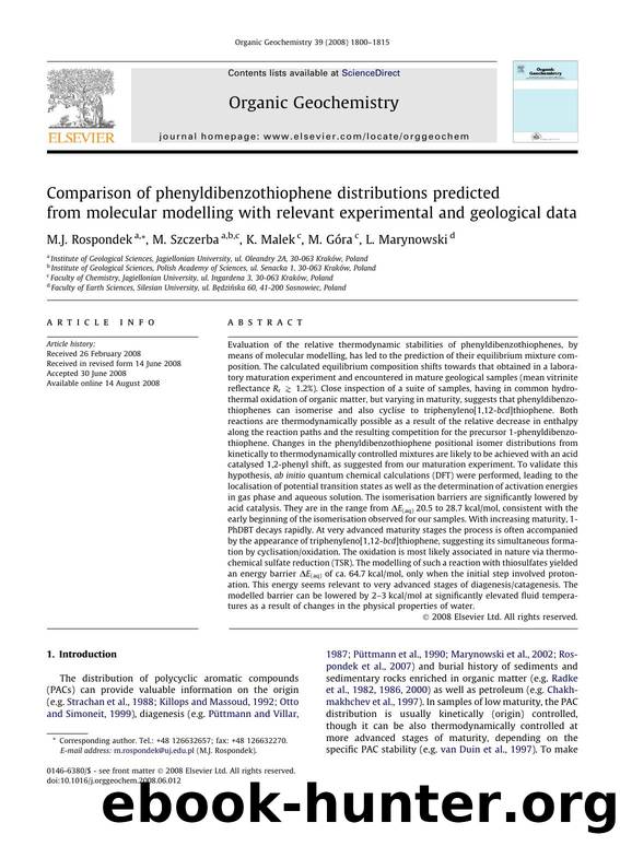 Comparison of phenyldibenzothiophene distributions predicted from molecular modelling with relevant experimental and geological data by M.J. Rospondek; M. Szczerba; K. Malek; M. Góra; L. Marynowski