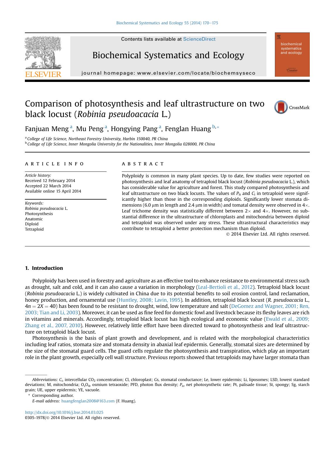 Comparison of photosynthesis and leaf ultrastructure on two black locust (Robinia pseudoacacia L.) by Fanjuan Meng & Mu Peng & Hongying Pang & Fenglan Huang