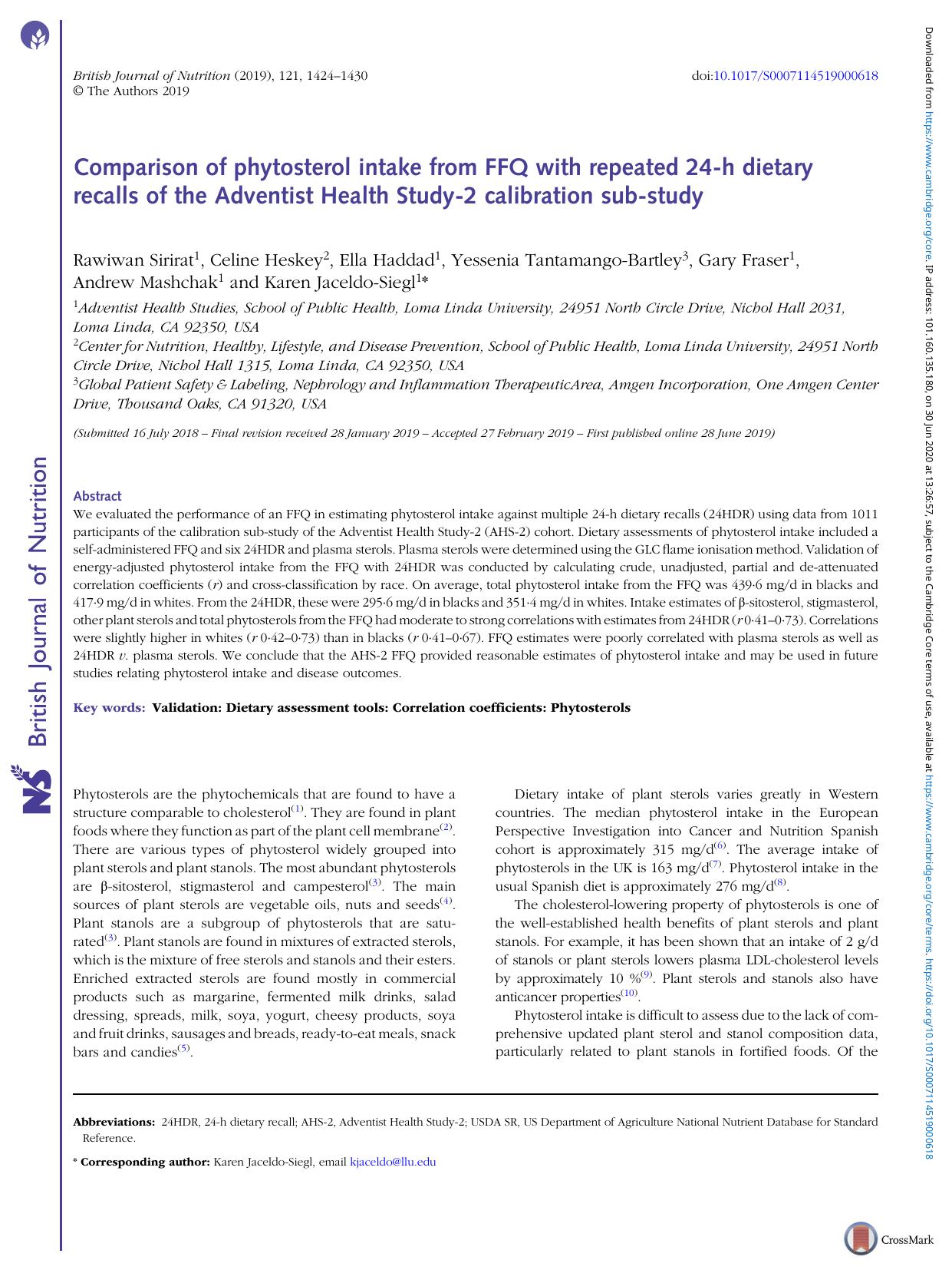 Comparison of phytosterol intake from FFQ with repeated 24-h dietary recalls of the Adventist Health Study-2 calibration sub-study by Unknown