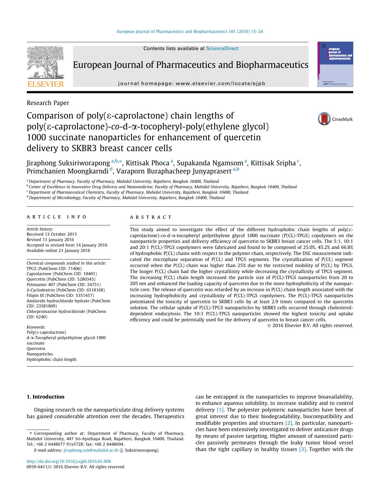 Comparison of poly(ÃÂµ-caprolactone) chain lengths of poly(ÃÂµ-caprolactone)-co-d-ÃÂ±-tocopheryl-poly(ethylene glycol) 1000 succinate nanoparticles for enhancement of quercetin  by unknow