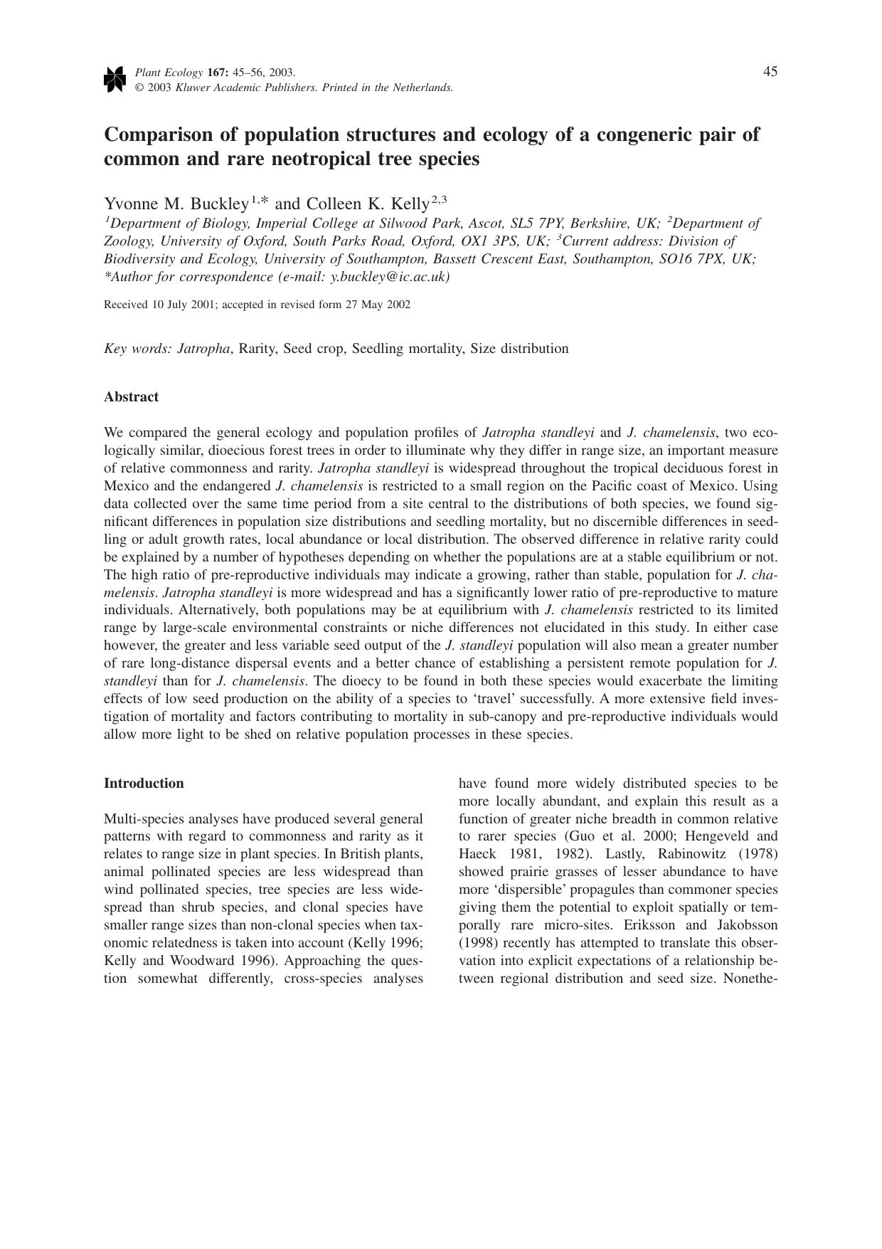 Comparison of population structures and ecology of a congeneric pair of common and rare neotropical tree species by Unknown