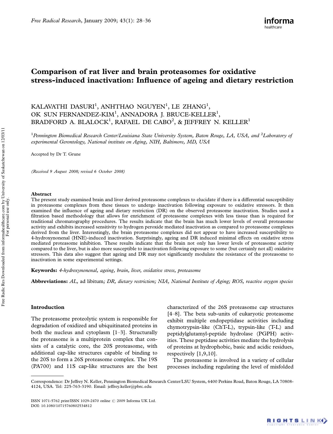 Comparison of rat liver and brain proteasomes for oxidative stress-induced inactivation: Influence of ageing and dietary restriction by unknow