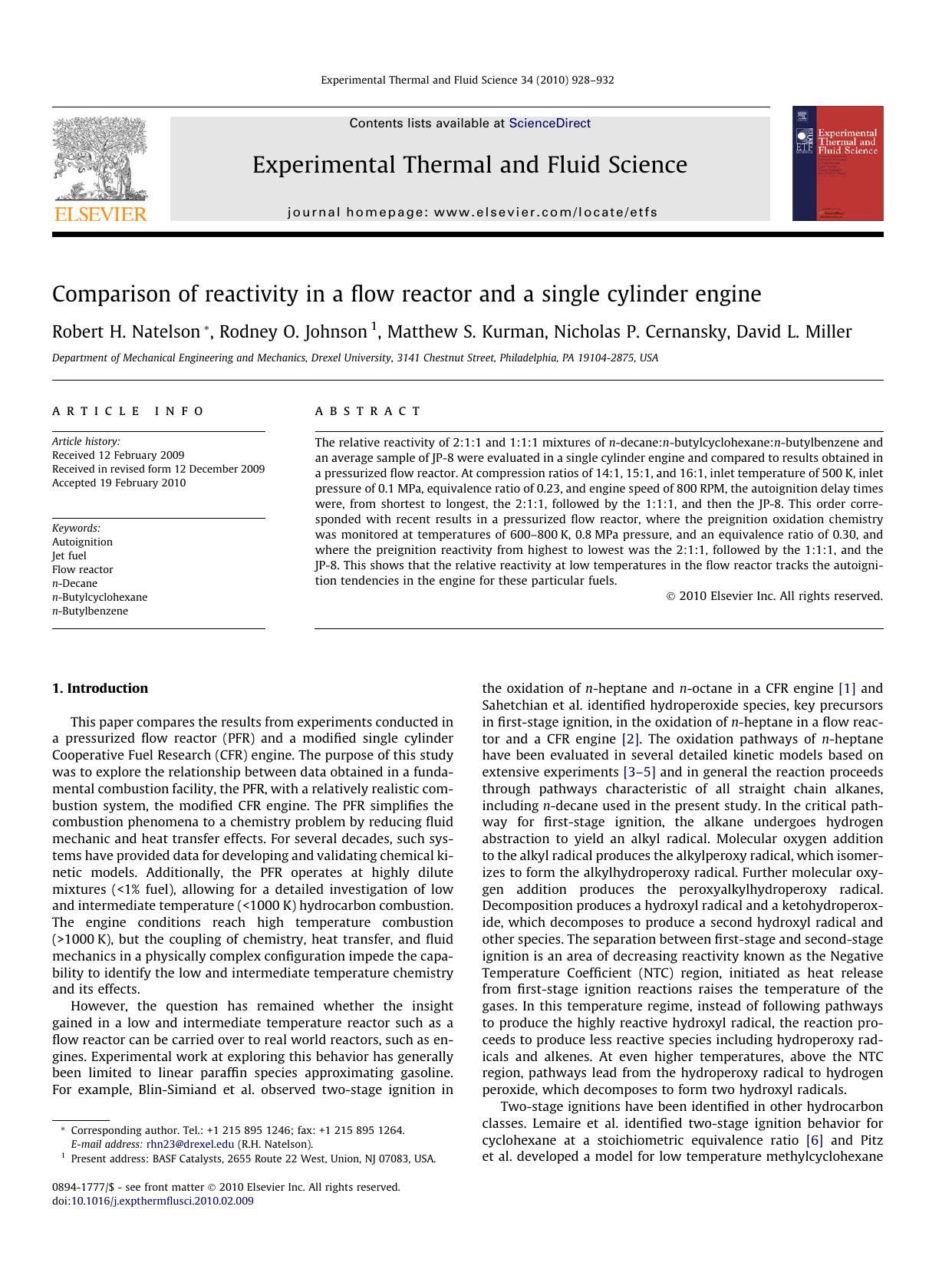Comparison of reactivity in a flow reactor and a single cylinder engine by Robert H. Natelson; Rodney O. Johnson; Matthew S. Kurman; Nicholas P. Cernansky; David L. Miller