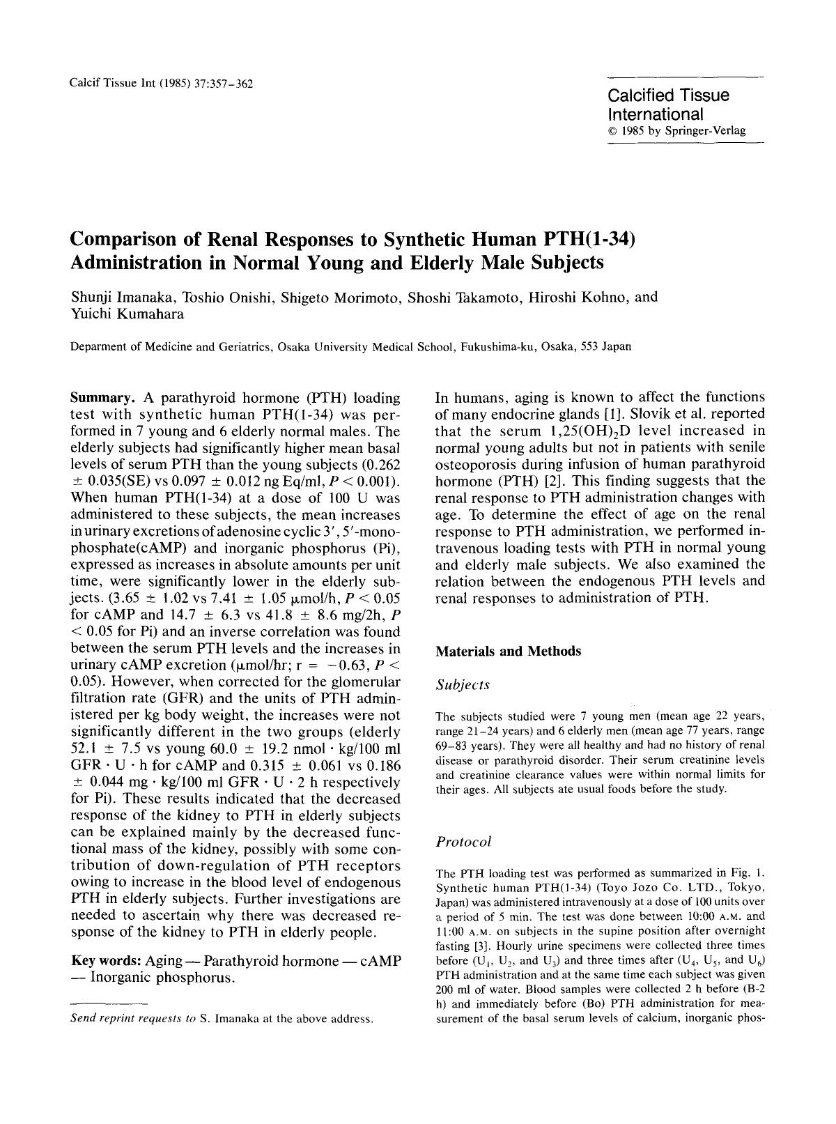 Comparison of renal responses to synthetic human PTH(1–34) administration in normal young and elderly male subjects by Unknown
