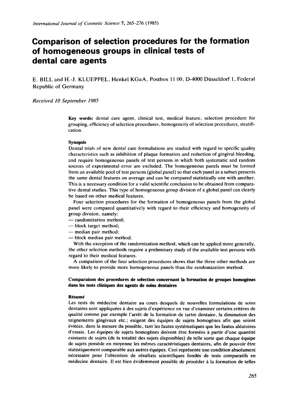 Comparison of selection procedures for the formation of homogeneous groups in clinical tests of dental care agents by Unknown