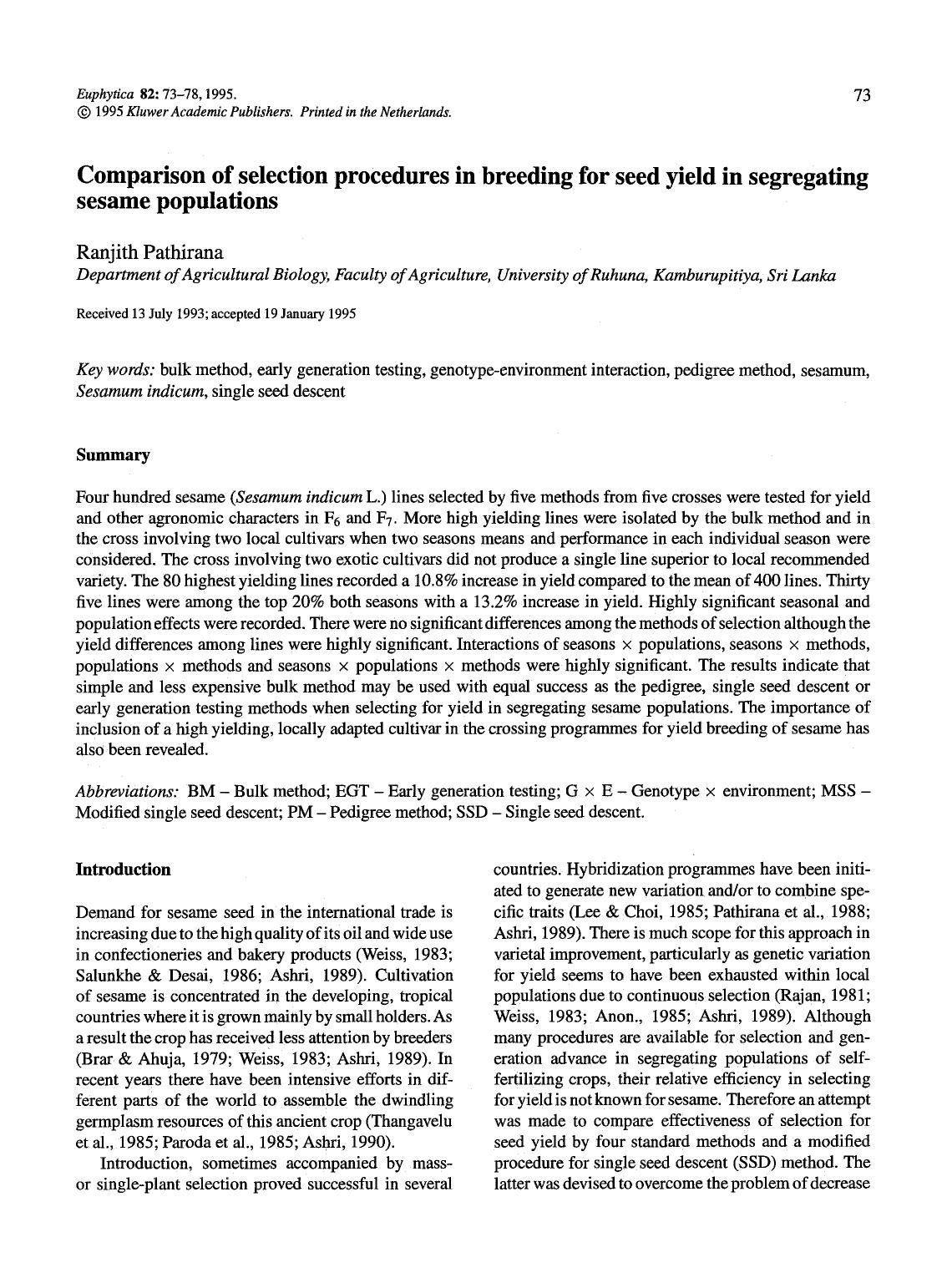 Comparison of selection procedures in breeding for seed yield in segregating sesame populations by Unknown