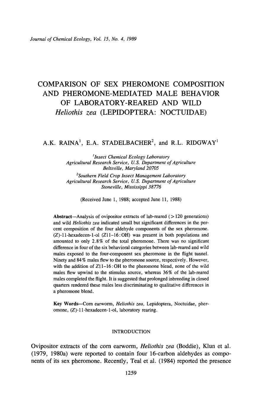 Comparison of sex pheromone composition and pheromone-mediated male behavior of laboratory-reared and wild <Emphasis Type="Italic">Heliothis zea <Emphasis> (Lepidoptera: Noctuidae) by Unknown