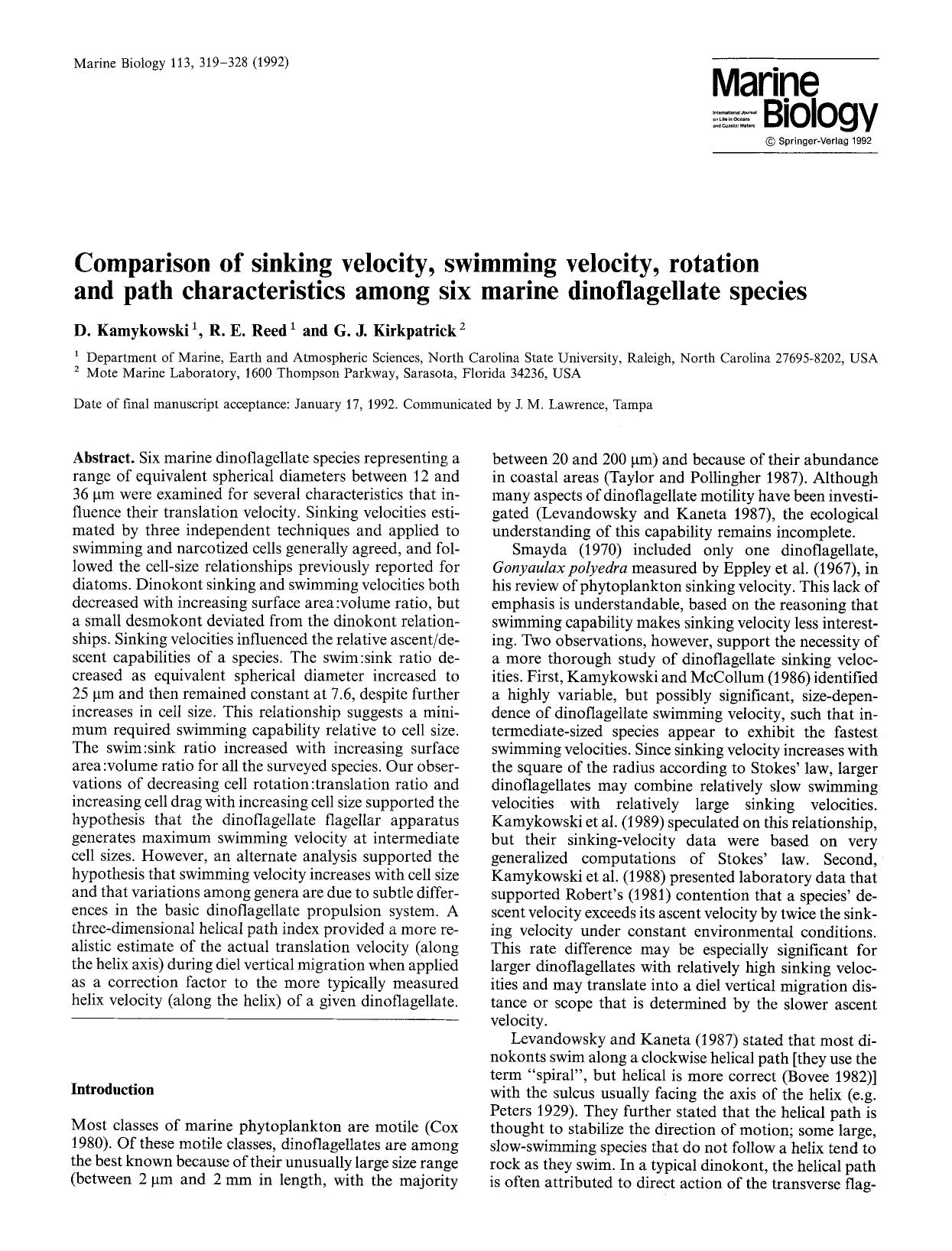 Comparison of sinking velocity, swimming velocity, rotation and path characteristics among six marine dinoflagellate species by Unknown
