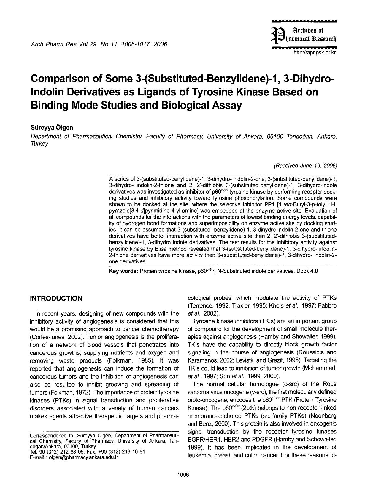 Comparison of some 3-(substituted-benzylidene)-1, 3-dihydro-indolin derivatives as ligands of tyrosine kinase based on binding mode studies and biological assay by Unknown