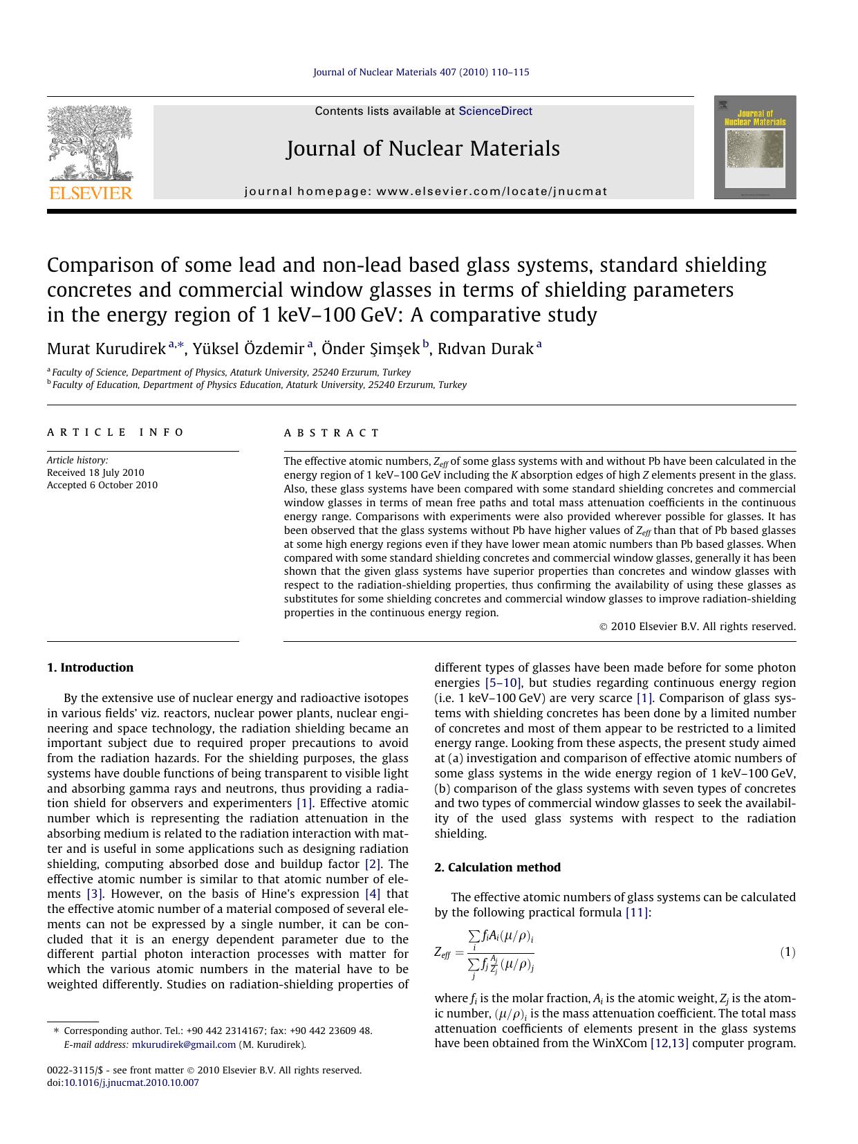 Comparison of some lead and non-lead based glass systems, standard shielding concretes and commercial window glasses in terms of shielding parameters in the energy region of 1keVÃ¢ by Murat Kurudirek & Yüksel Özdemir & Önder Şimşek & Rıdvan Durak
