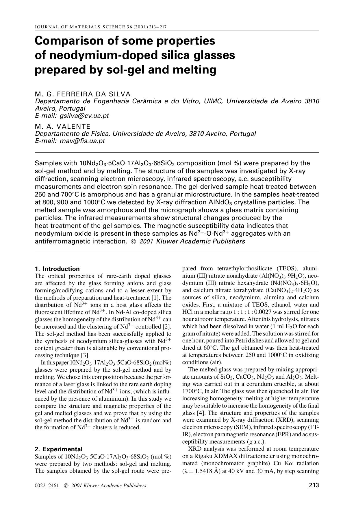 Comparison of some properties of neodymium-doped silica glasses prepared by sol-gel and melting by Unknown