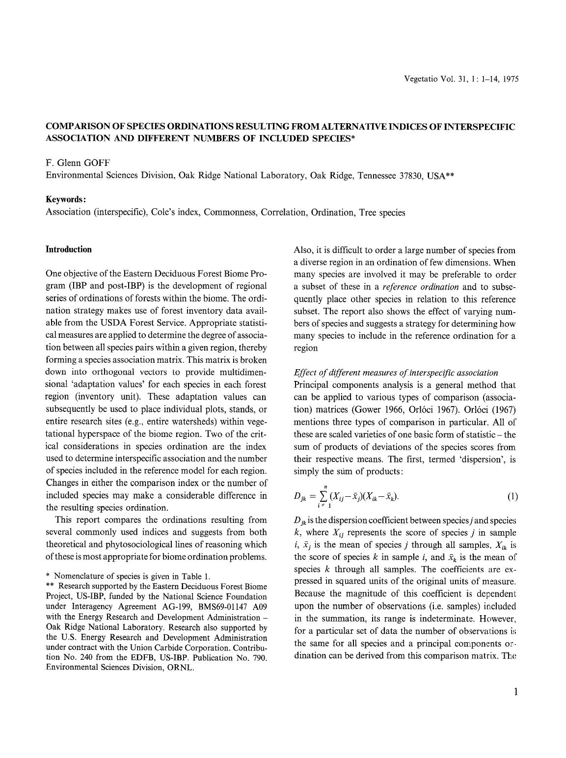 Comparison of species ordinations resulting from alternative indices of interspecific association and different numbers of included species by Unknown