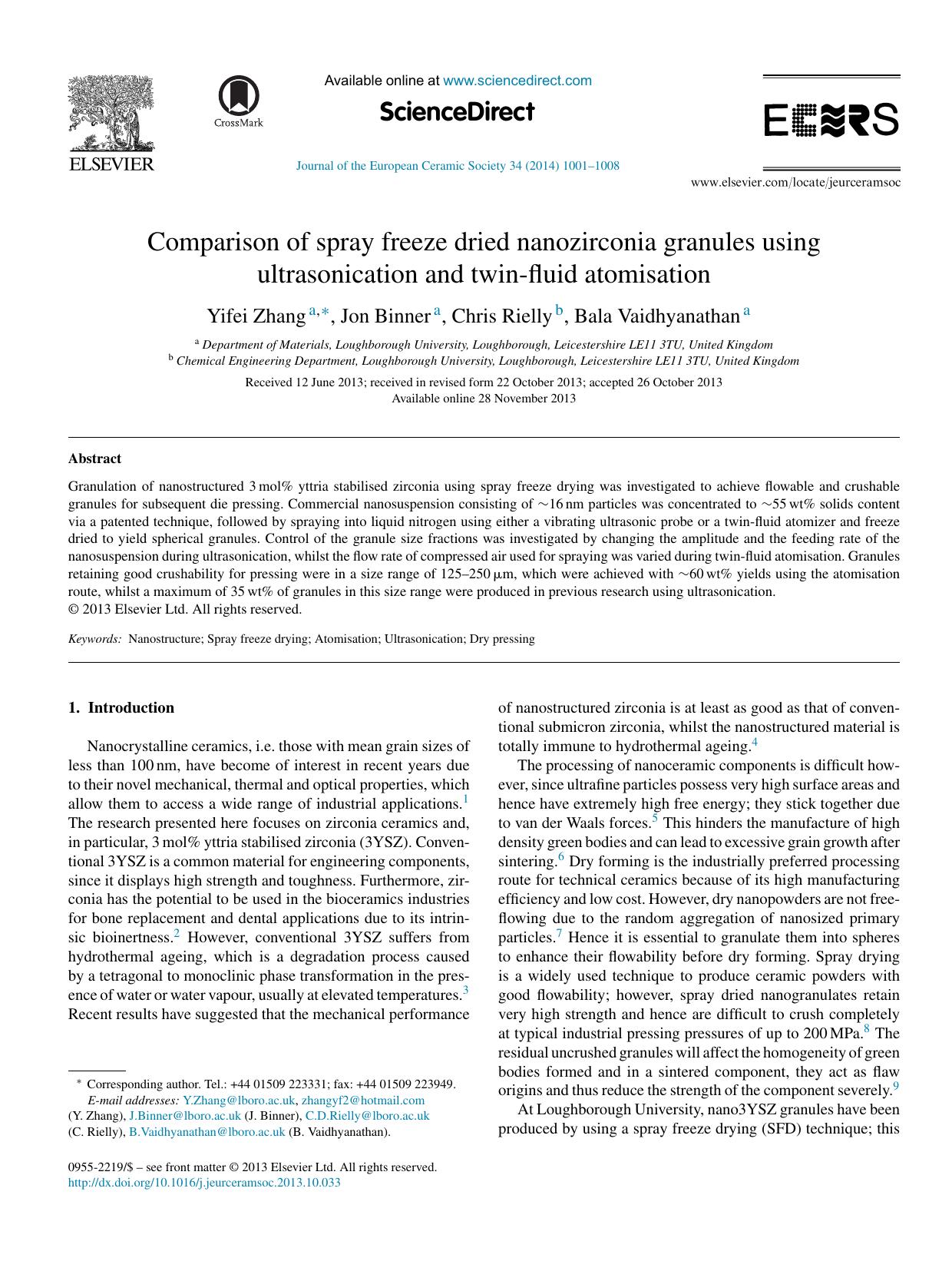 Comparison of spray freeze dried nanozirconia granules using ultrasonication and twin-fluid atomisation by Yifei Zhang & Jon Binner & Chris Rielly & Bala Vaidhyanathan
