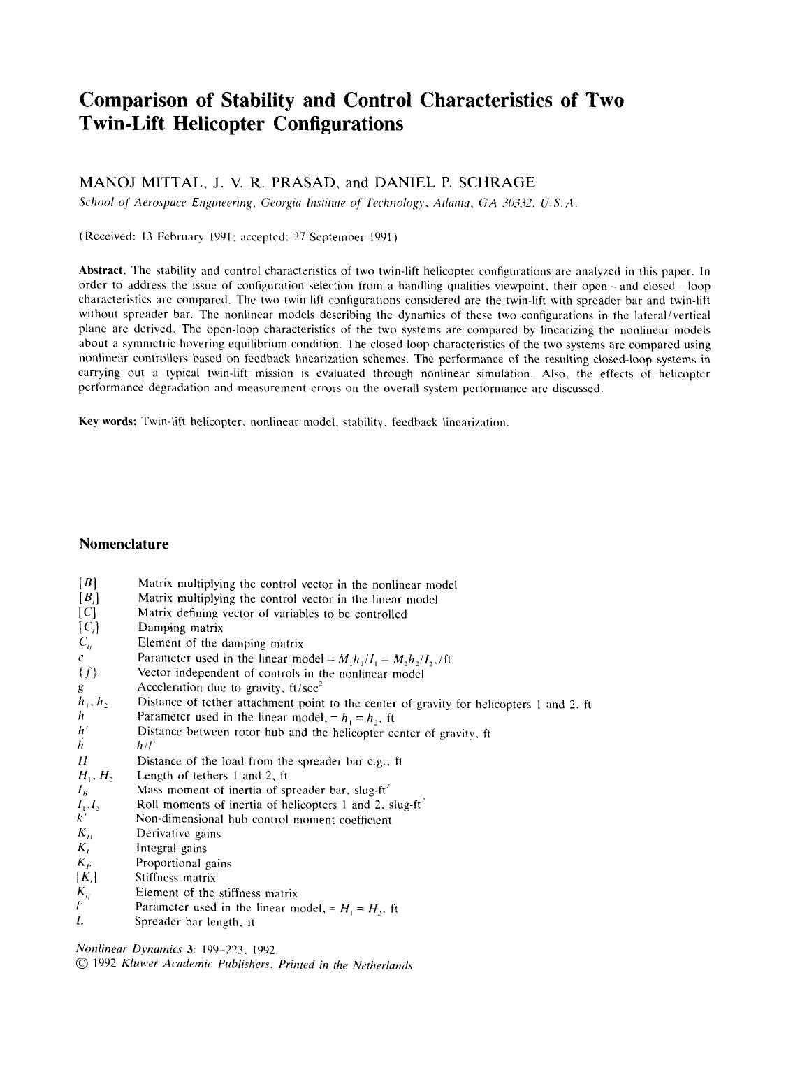 Comparison of stability and control characteristics of two twin-lift helicopter configurations by Unknown