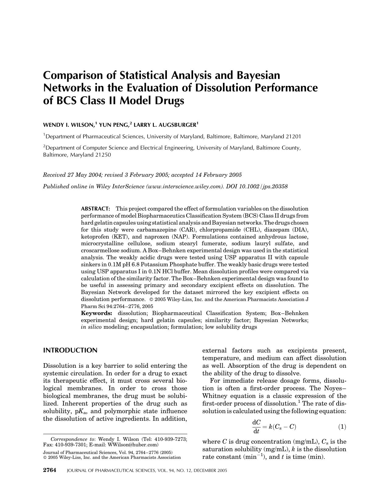 Comparison of statistical analysis and Bayesian networks in the evaluation of dissolution performance of BCS Class II model drugs by Unknown