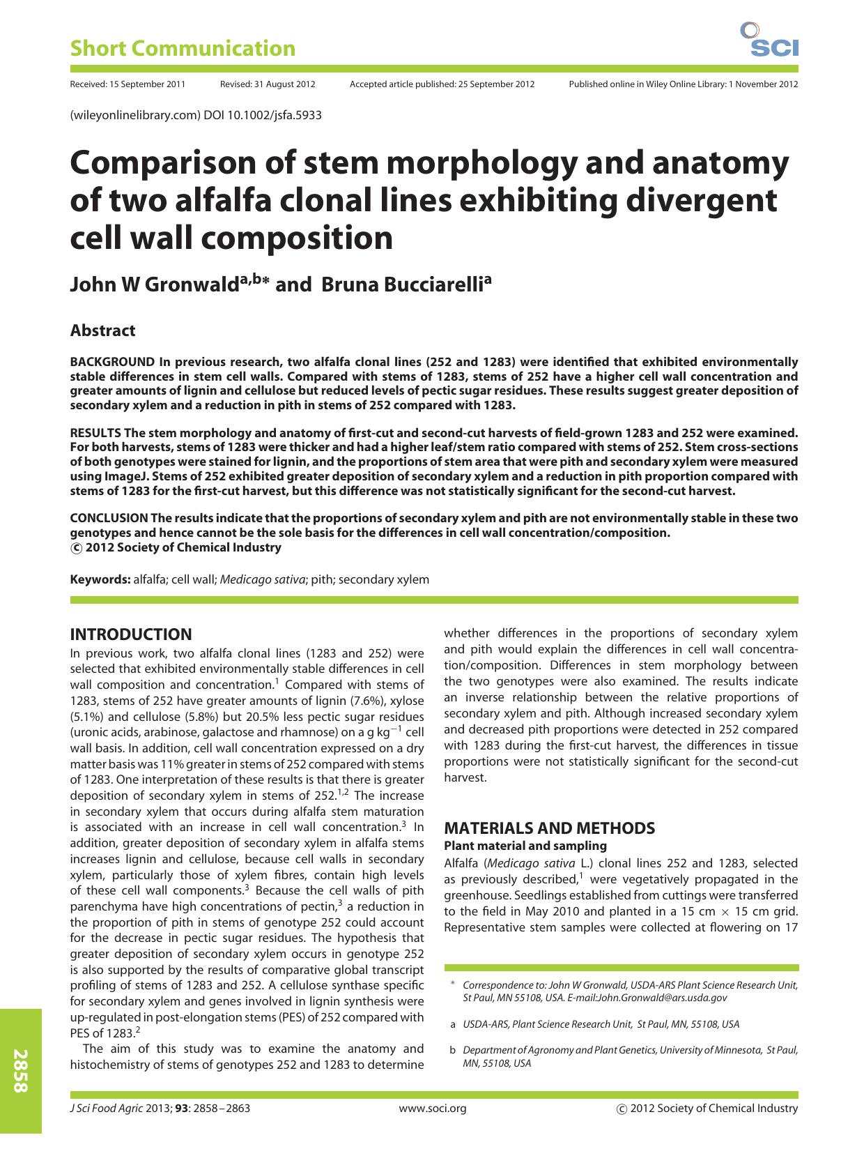 Comparison of stem morphology and anatomy of two alfalfa clonal lines exhibiting divergent cell wall composition by Unknown