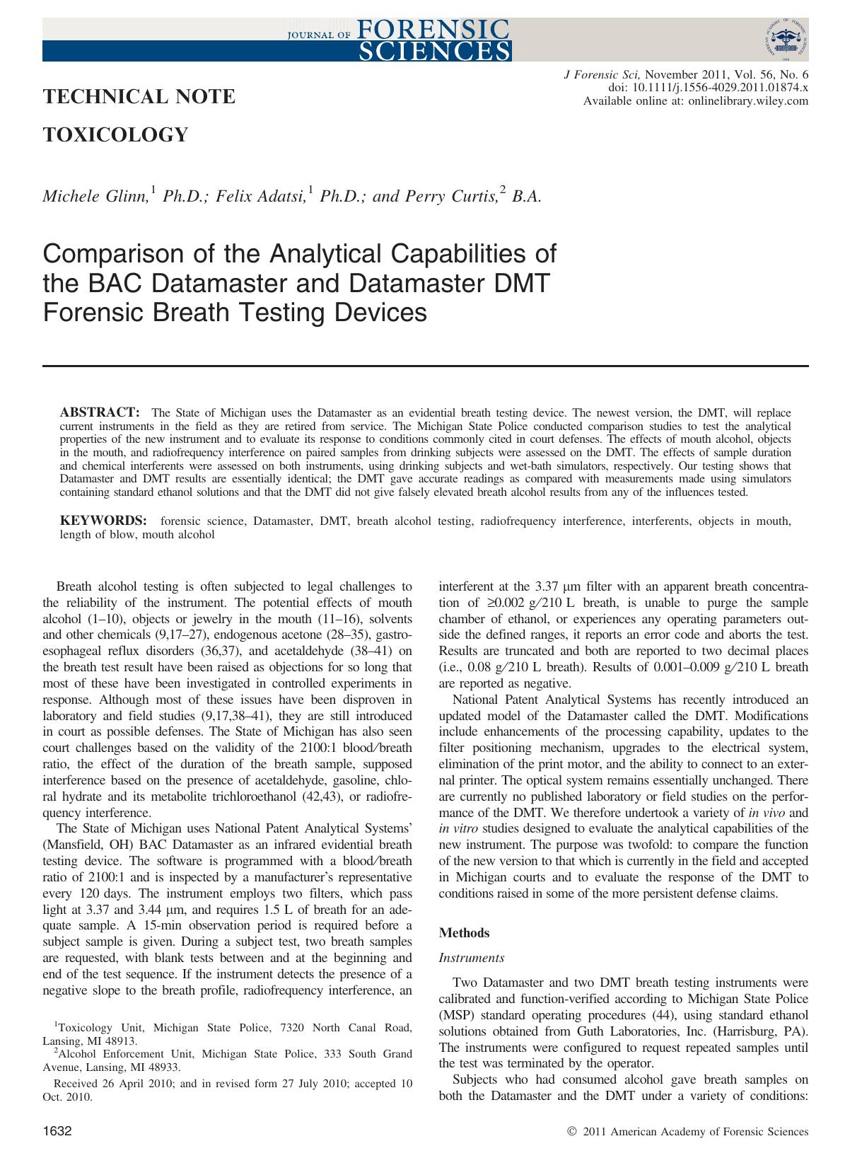 Comparison of the Analytical Capabilities of the BAC Datamaster and Datamaster DMT Forensic Breath Testing Devices by Unknown