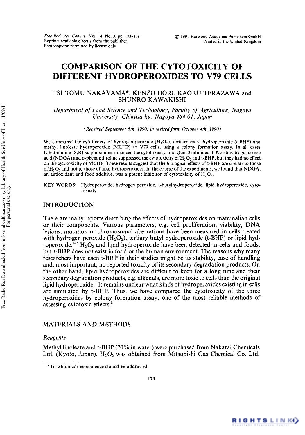 Comparison of the Cytotoxicity of Different Hydroperoxides to V79 Cells by Tsutomu Nakayam1 Kenzo Hori1 Kaoru Terazawa1 & Shunro Kawakishi1