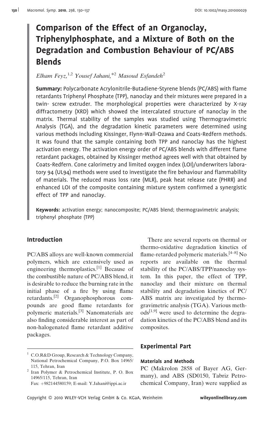 Comparison of the Effect of an Organoclay, Triphenylphosphate, and a Mixture of Both on the Degradation and Combustion Behaviour of PCABS Blends by Unknown