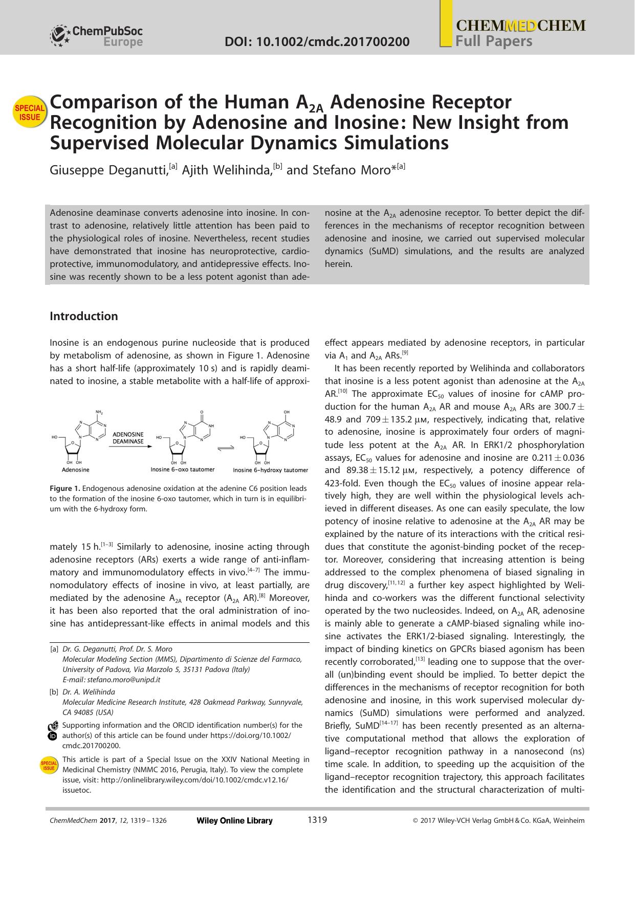 Comparison of the Human A2A Adenosine Receptor Recognition by Adenosine and Inosine: New Insight from Supervised Molecular Dynamics Simulations by Unknown