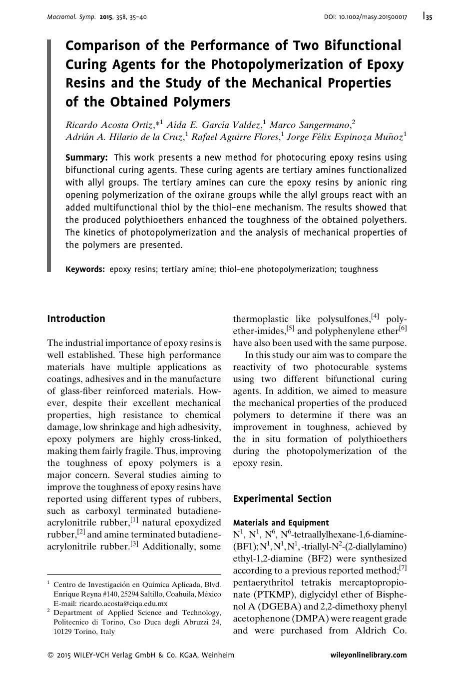 Comparison of the Performance of Two Bifunctional Curing Agents for the Photopolymerization of Epoxy Resins and the Study of the Mechanical Properties of the Obtained Polymers by Unknown