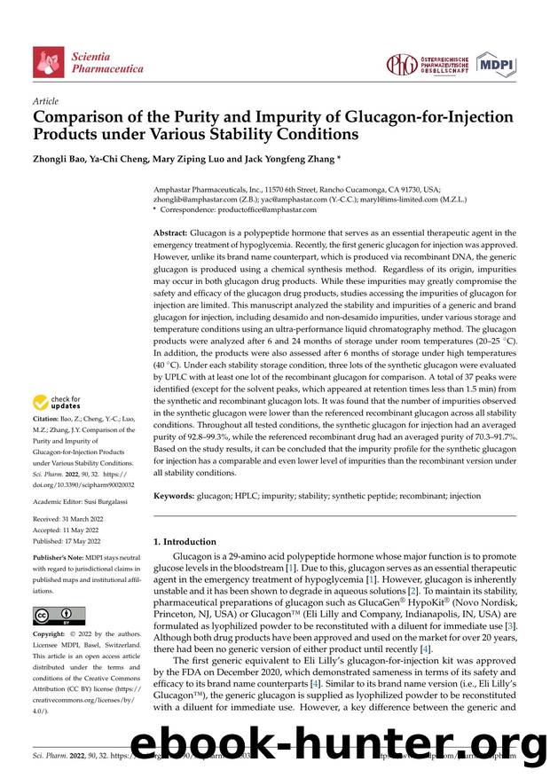 Comparison of the Purity and Impurity of Glucagon-for-Injection Products under Various Stability Conditions by Zhongli Bao Ya-Chi Cheng Mary Ziping Luo & Jack Yongfeng Zhang