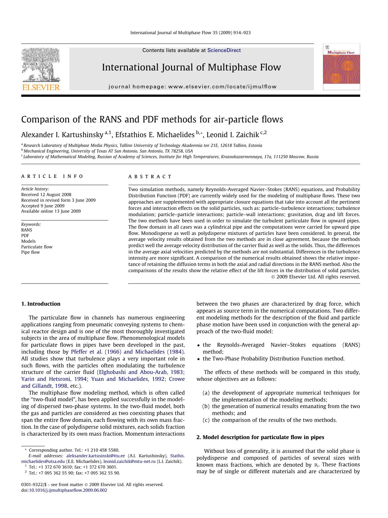 Comparison of the RANS and PDF methods for air-particle flows by Alexander I. Kartushinsky; Efstathios E. Michaelides; Leonid I. Zaichik