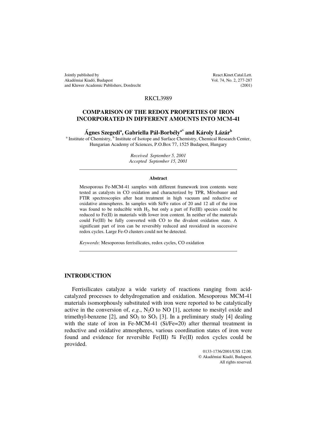 Comparison of the Redox Properties of Iron Incorporated in Different Amounts into MCM-41 by Unknown