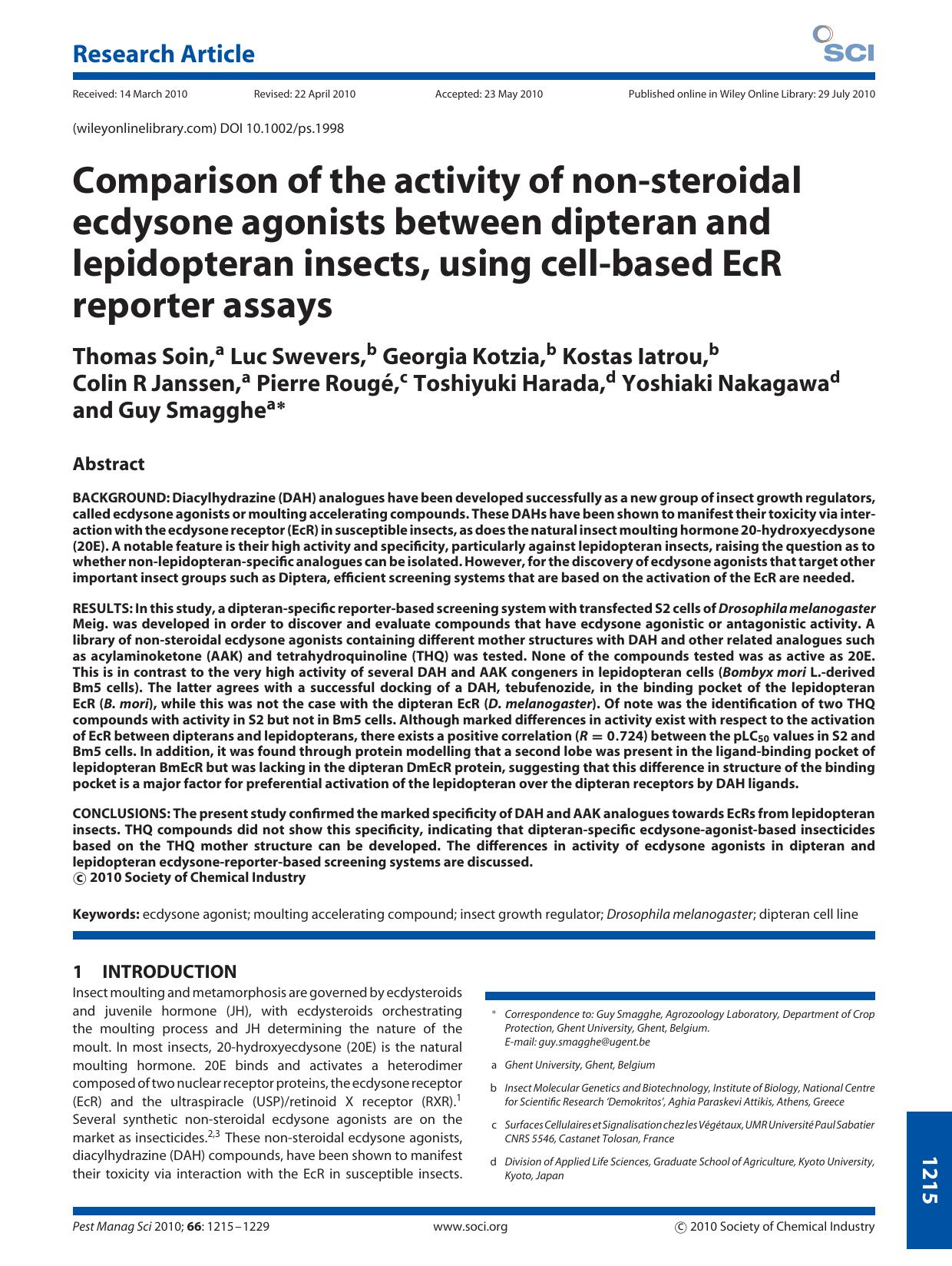 Comparison of the activity of nonsteroidal ecdysone agonists between dipteran and lepidopteran insects, using cellbased EcR reporter assays by Unknown
