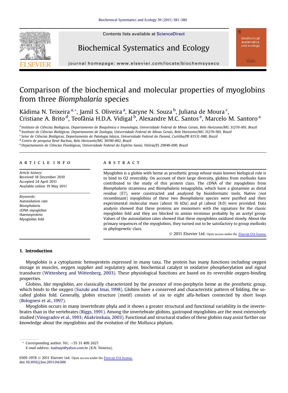 Comparison of the biochemical and molecular properties of myoglobins from three Biomphalaria species by unknow