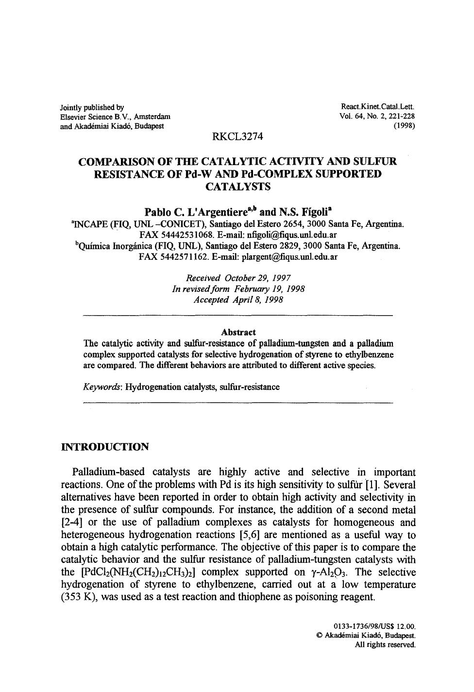 Comparison of the catalytic activity and sulfur resistance of Pd-W and Pd-complex supported catalysts by Unknown
