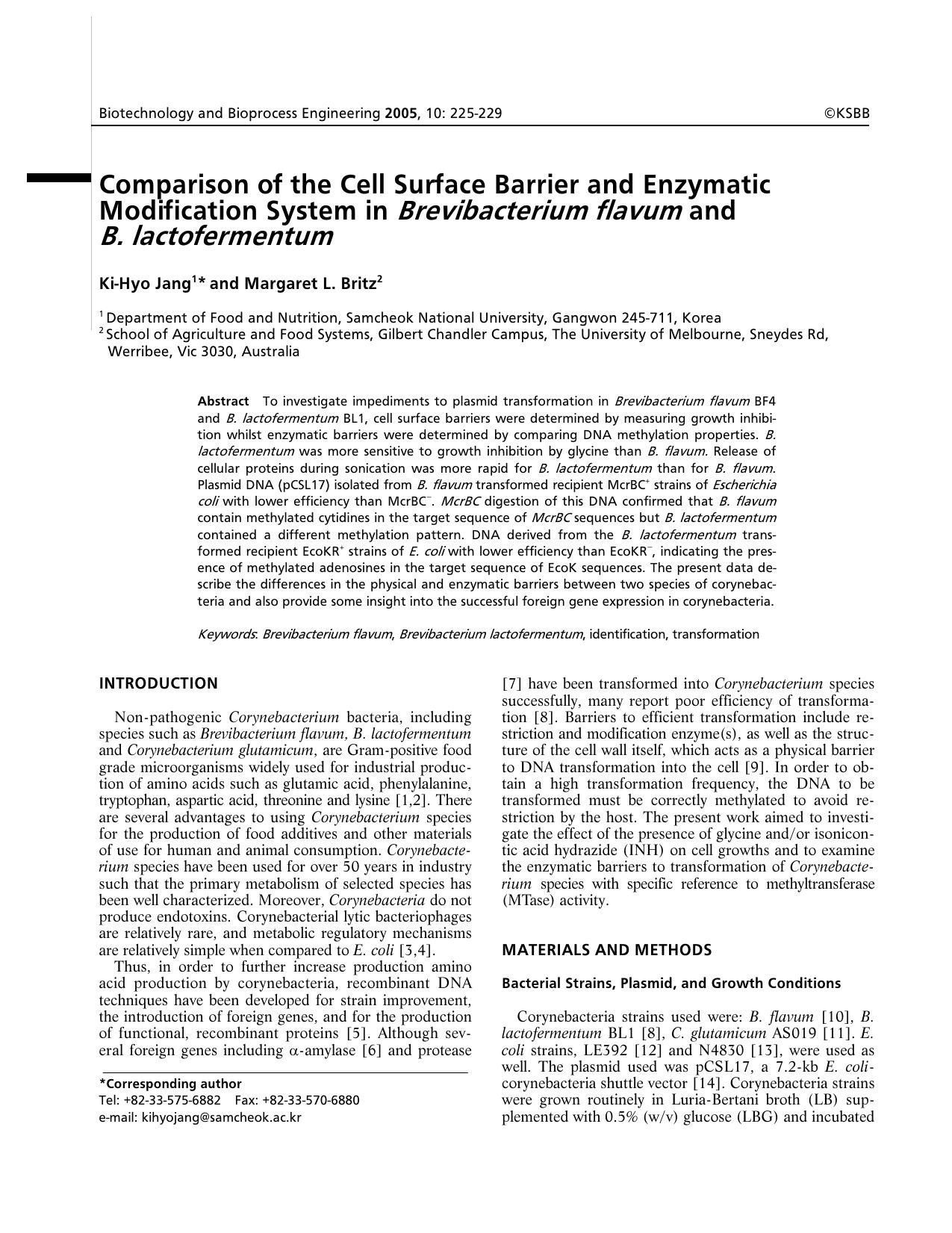 Comparison of the cell surface barrier and enzymatic modification system in <Emphasis Type="Italic">Brevibacterium flavum <Emphasis> and <Emphasis Type="Italic">B. lactofermentum <Emphasis> by Unknown