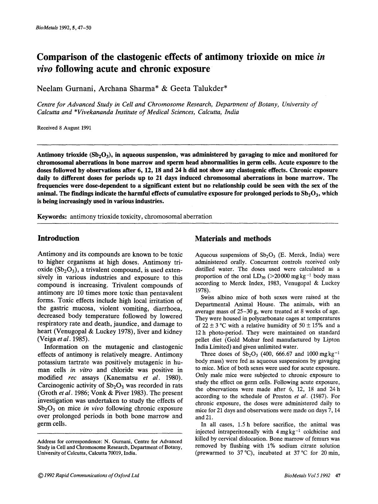 Comparison of the clastogenic effects of antimony trioxide on mice <Emphasis Type="Italic">in vivo <Emphasis> following acute and chronic exposure by Unknown