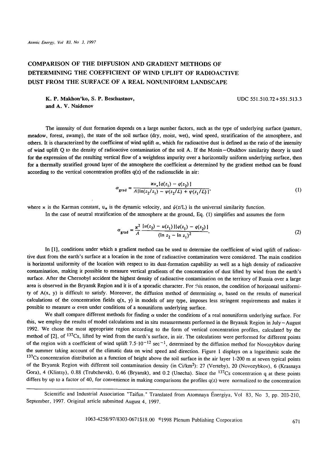 Comparison of the diffusion and gradient methods of determining the coefficient of wind uplift of radioactive dust from the surface of a real nonuniform landscape by Unknown