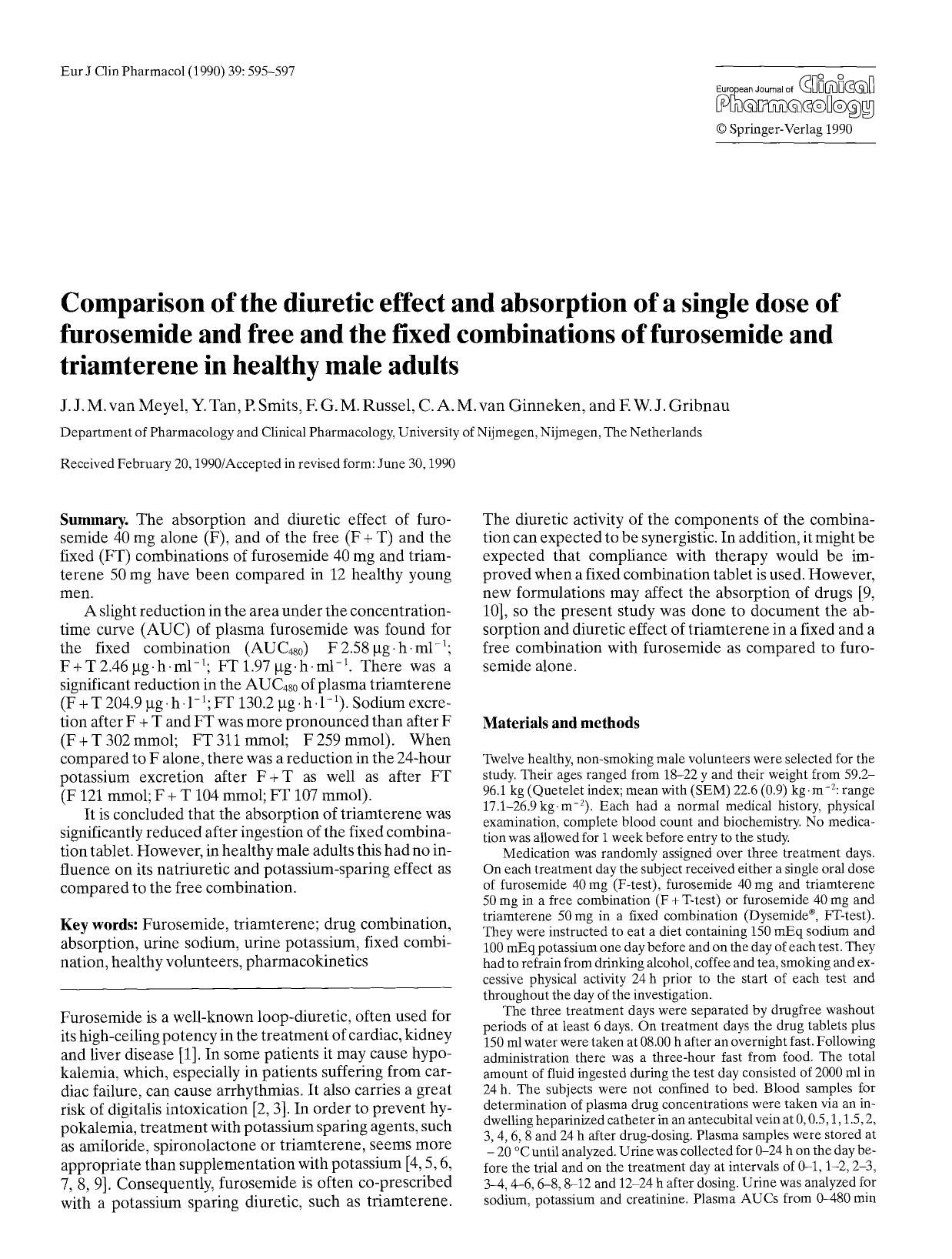Comparison of the diuretic effect and absorption of a single dose of furosemide and free and the fixed combinations of furosemide and triamterene in healthy male adults by Unknown
