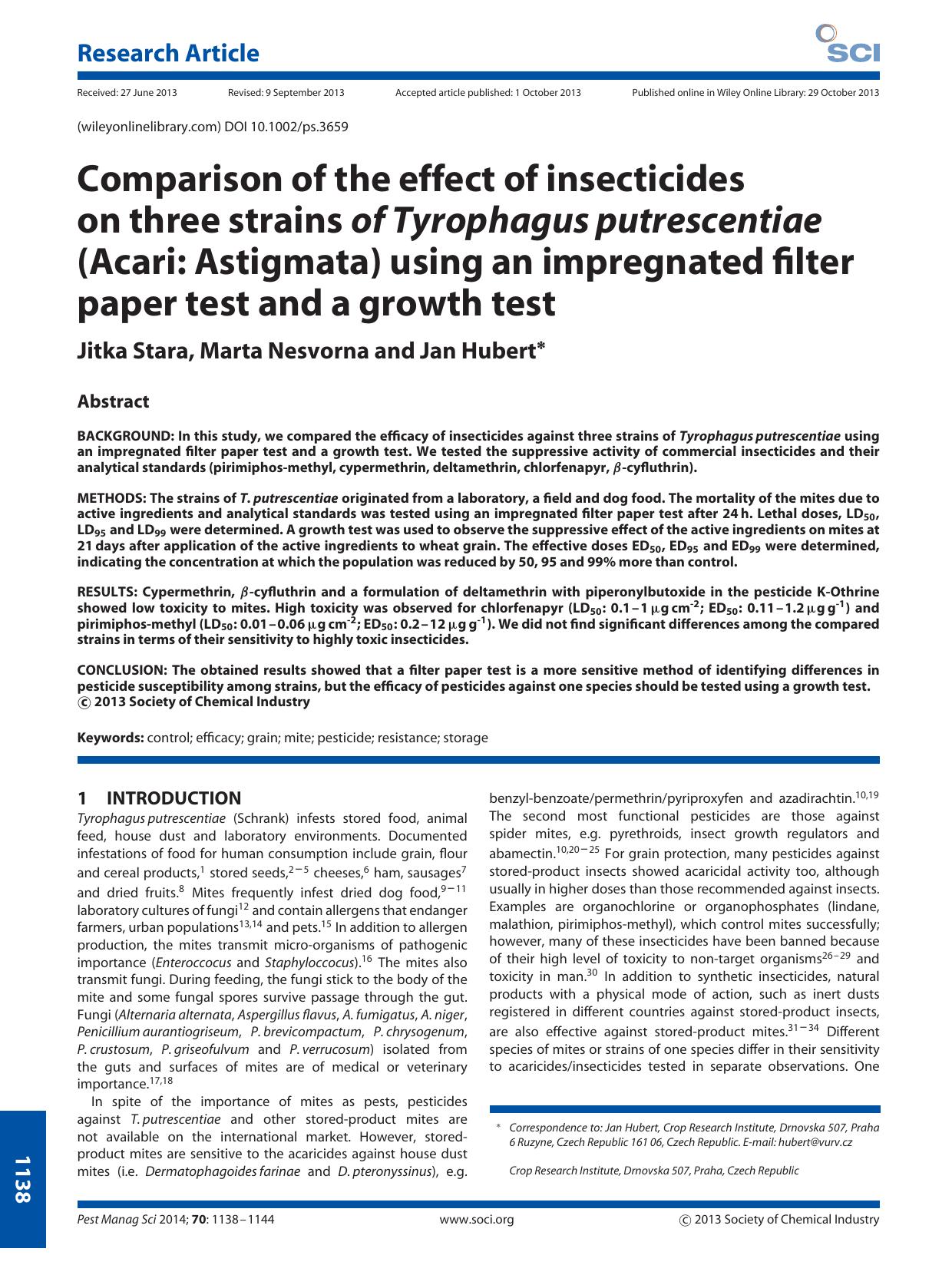 Comparison of the effect of insecticides on three strains of Tyrophagusputrescentiae (Acari: Astigmata) using an impregnated filter paper test and a growth test by Unknown