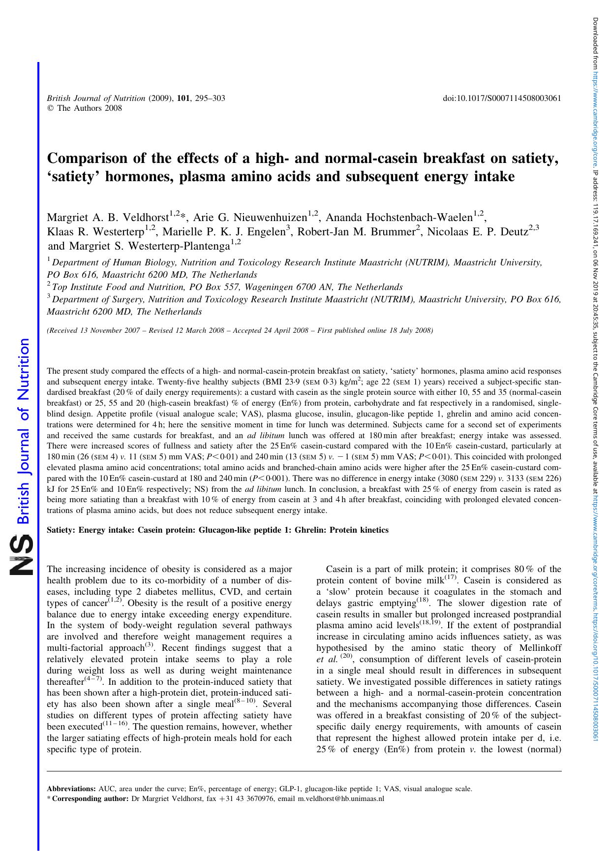 Comparison of the effects of a high- and normal-casein breakfast on satiety, âsatietyâ hormones, plasma amino acids and subsequent energy intake by unknow