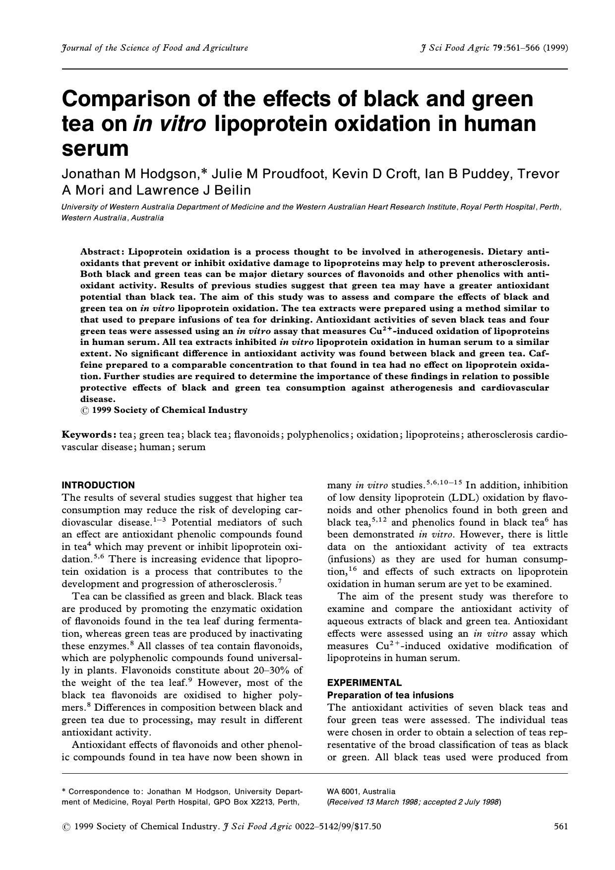 Comparison of the effects of black and green tea on in vitro lipoprotein oxidation in human serum by Unknown