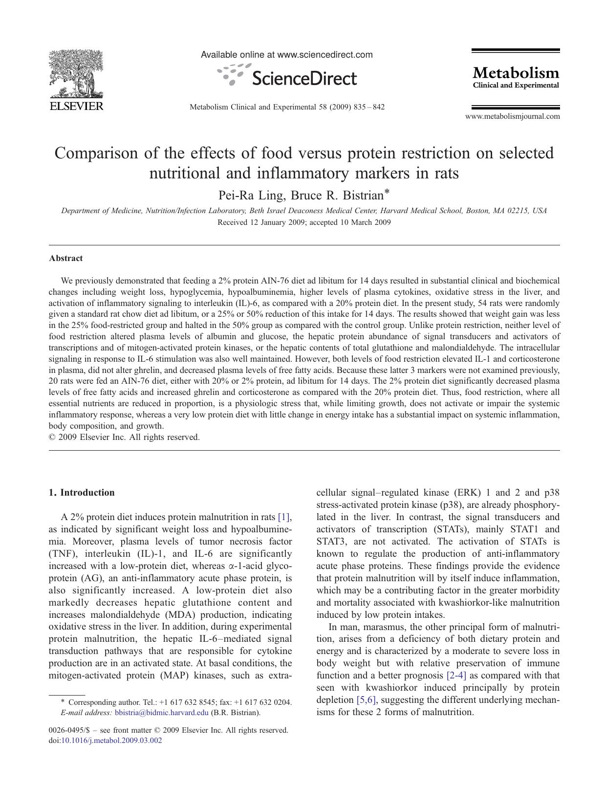 Comparison of the effects of food versus protein restriction on selected nutritional and inflammatory markers in rats by Pei-Ra Ling; Bruce R. Bistrian