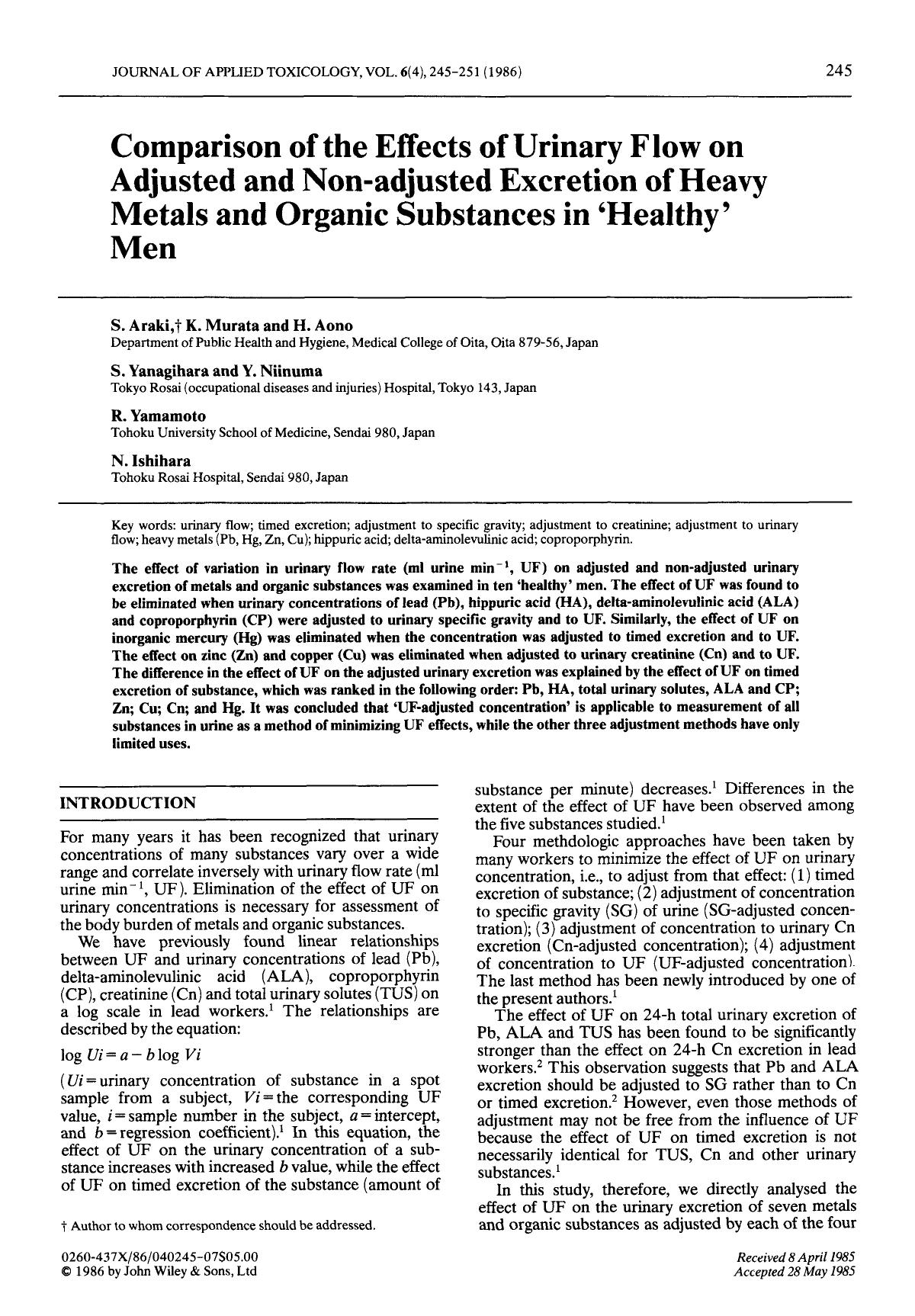 Comparison of the effects of urinary flow on adjusted and non-adjusted excretion of heavy metals and organic substances in `healthy' men by Unknown