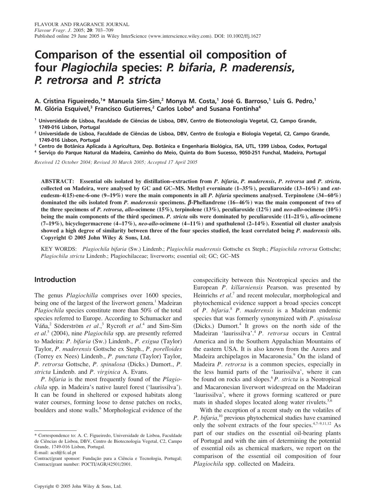 Comparison of the essential oil composition of four Plagiochila species: P. bifaria, P. maderensis, P. retrorsa and P. stricta by Fuht