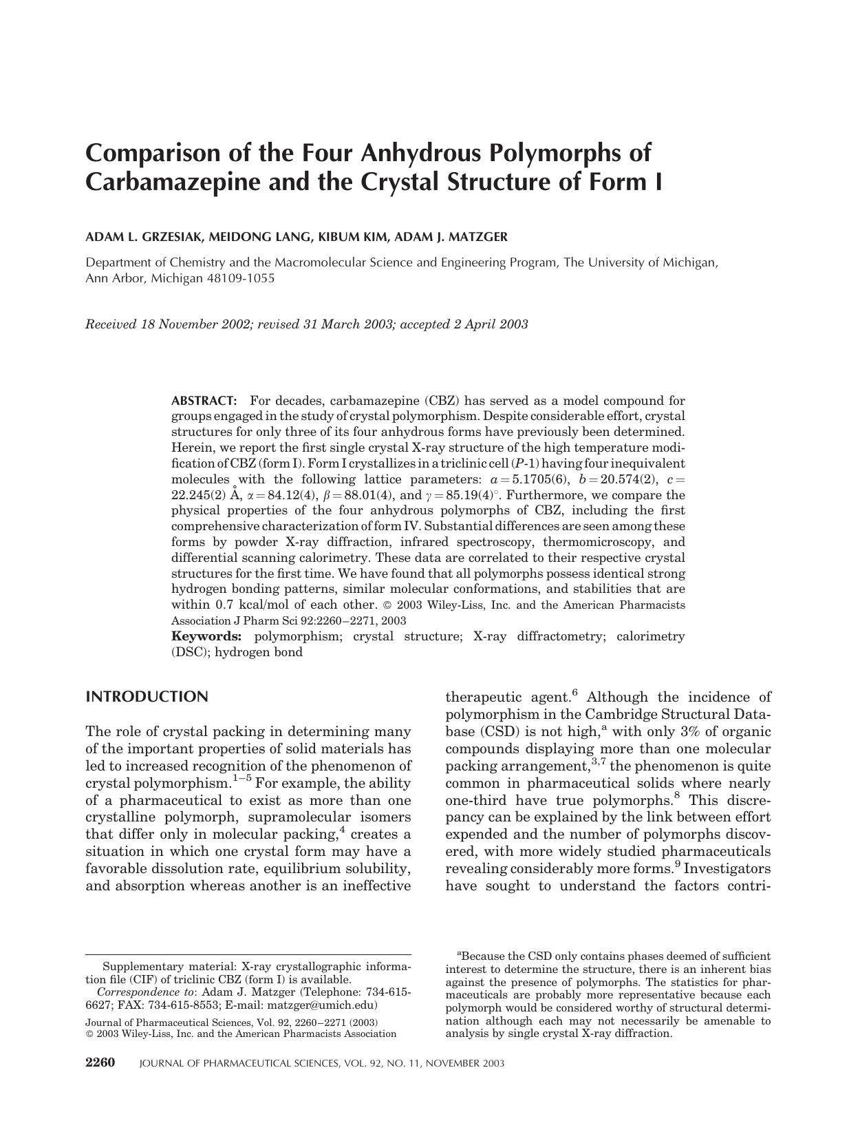 Comparison of the four anhydrous polymorphs of carbamazepine and the crystal structure of form I by Unknown