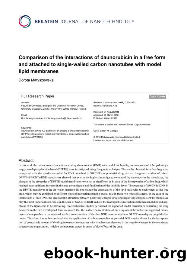 Comparison of the interactions of daunorubicin in a free form and attached to single-walled carbon nanotubes with model lipid membranes by Dorota Matyszewska