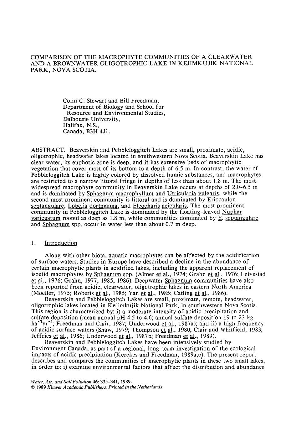 Comparison of the macrophyte communities of a clearwater and a brownwater oligotrophic lake in Kejimkujik National Park, Nova Scotia by Unknown