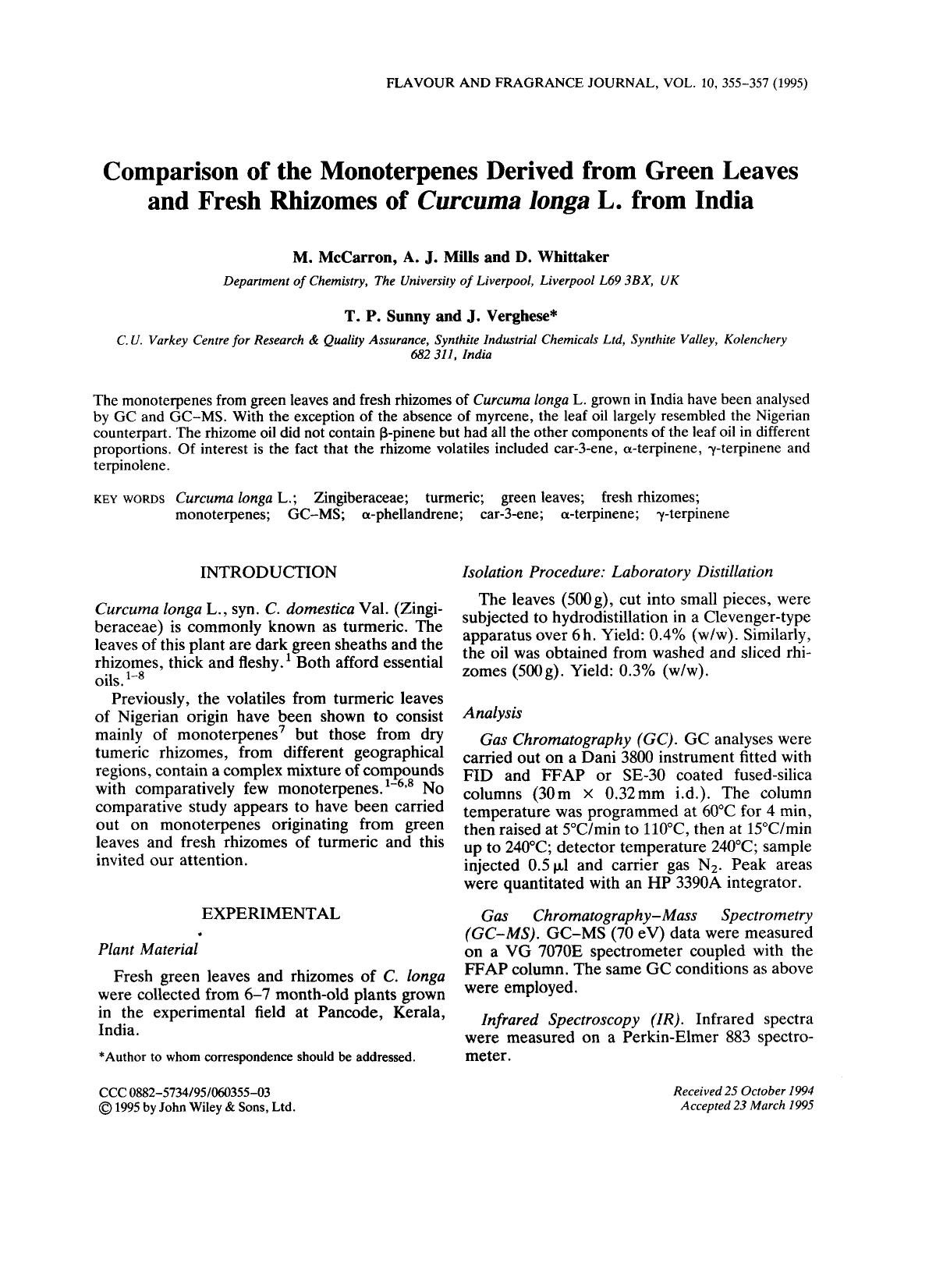 Comparison of the monoterpenes derived from green leaves and fresh rhizomes of Curcuma longa L. from India by Unknown