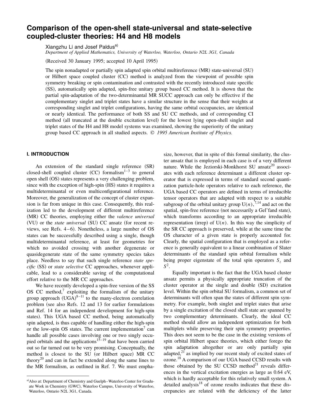 Comparison of the open-shell state-universal and state-selective coupled-cluster theories: H4 and H8 models by Xiangzhu Li and Josef Paldus